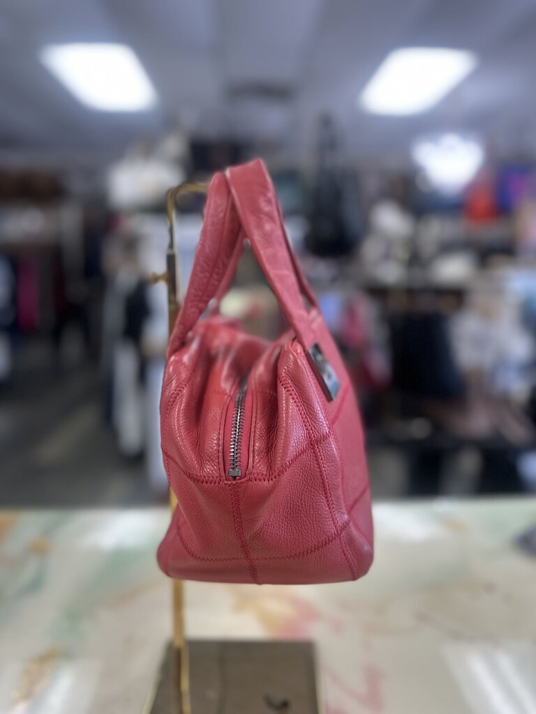 Square Stitch Soft Caviar Skin Red Leather Mini Boston Bag