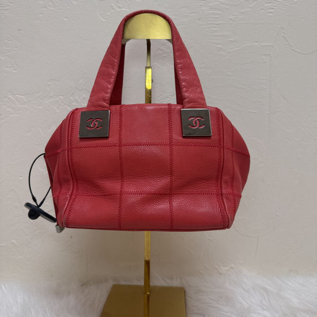Square Stitch Soft Caviar Skin Red Leather Mini Boston Bag