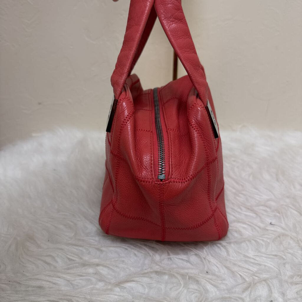 Square Stitch Soft Caviar Skin Red Leather Mini Boston Bag