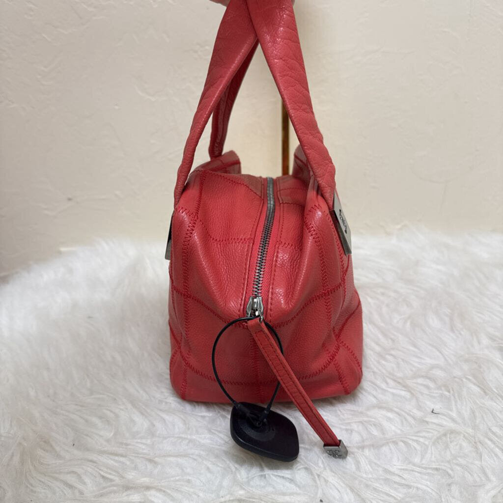 Square Stitch Soft Caviar Skin Red Leather Mini Boston Bag
