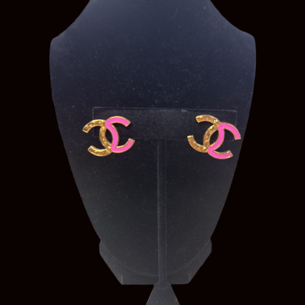 Pink and Gold Interlocking CC Earrings