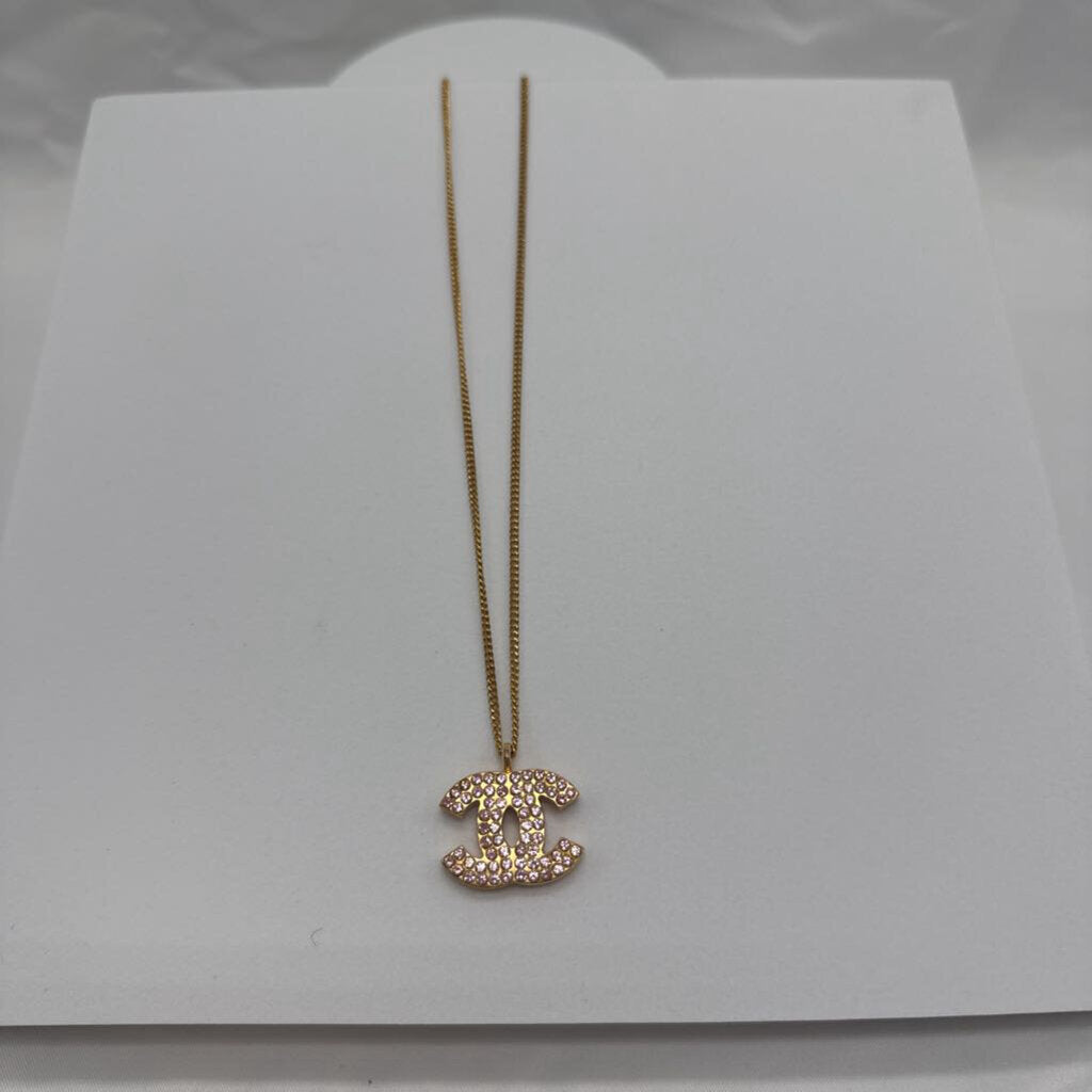 Coco Mark Pink Rhinestone Gold Necklace