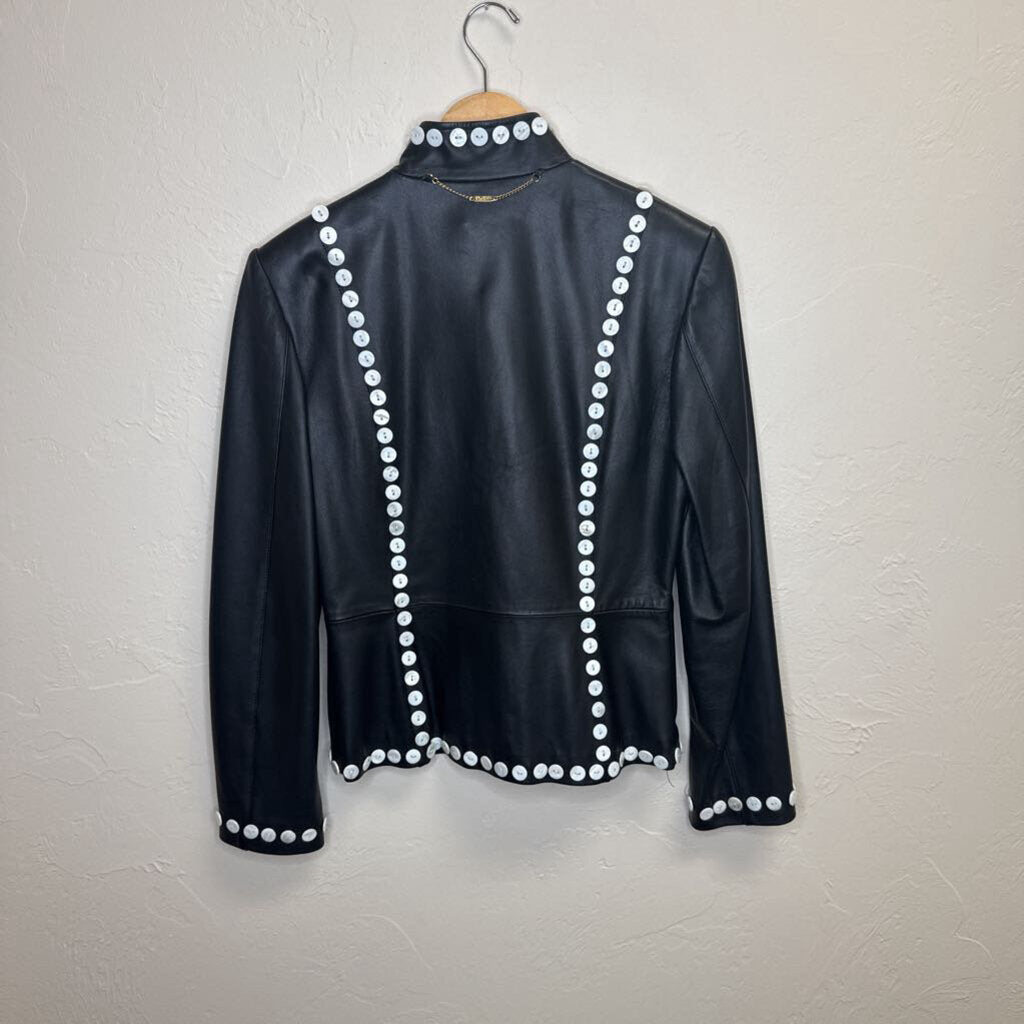 Black Lambskin Leather Jacket with White Buttons