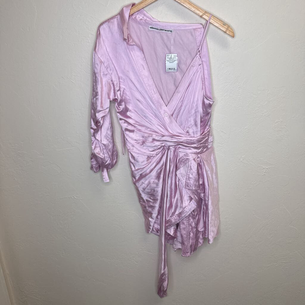 Pink Satin Assymmetric Collar Dress
