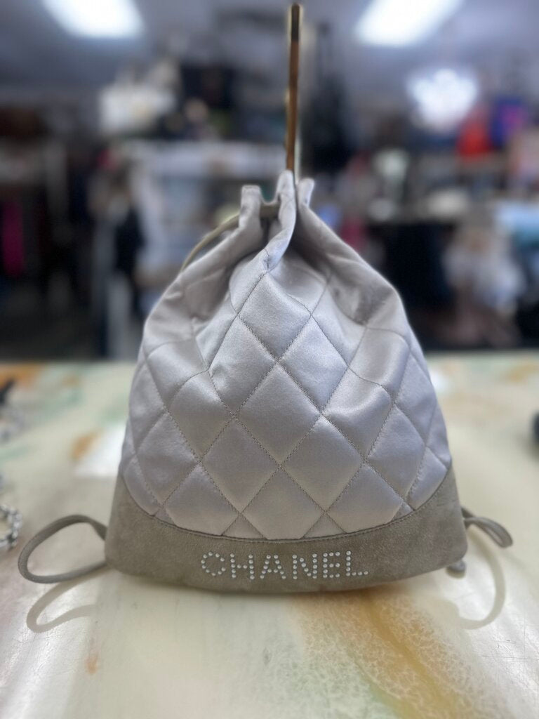 Pink Satin Faux Pearl Drawstring Backpack