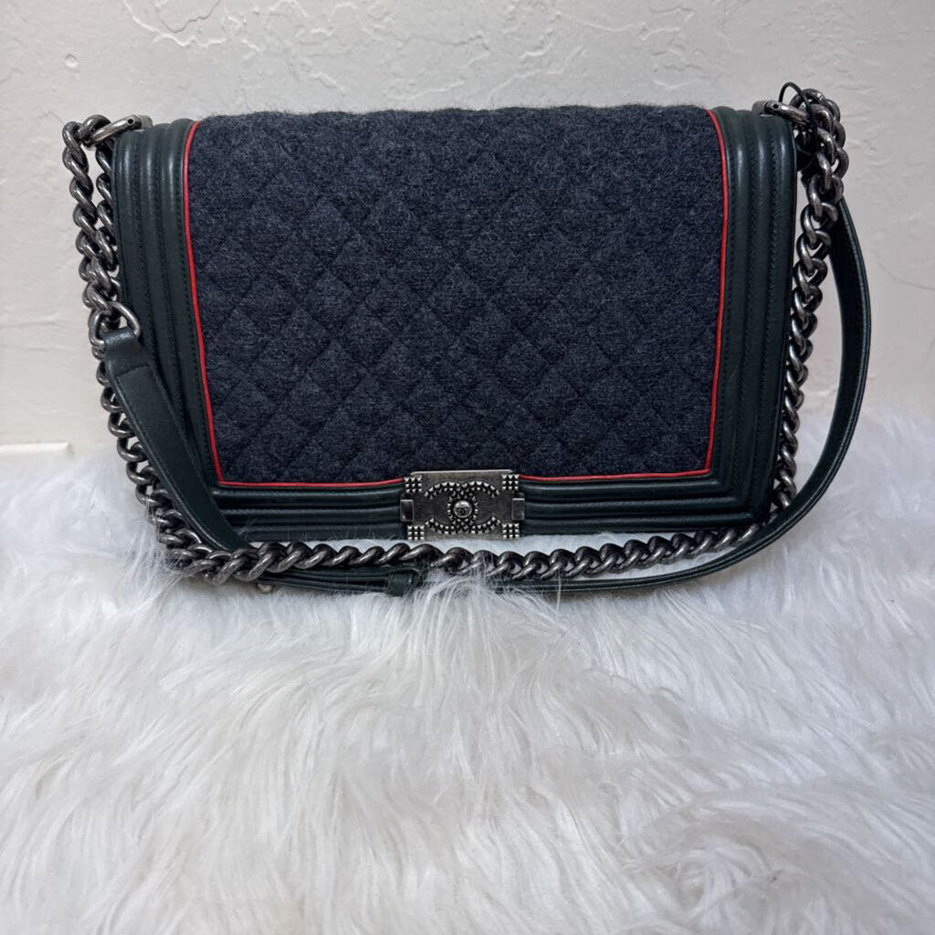 Green Black Quilted Leather Tweed Boy Bag