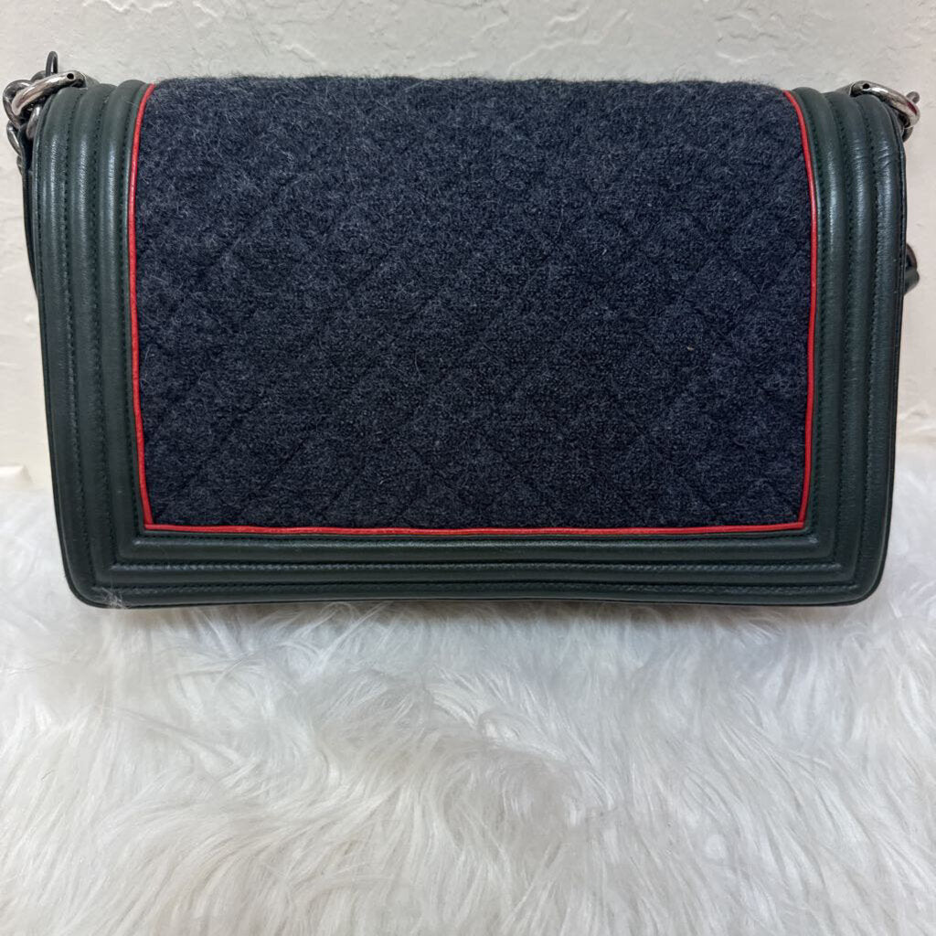 Green Black Quilted Leather Tweed Boy Bag