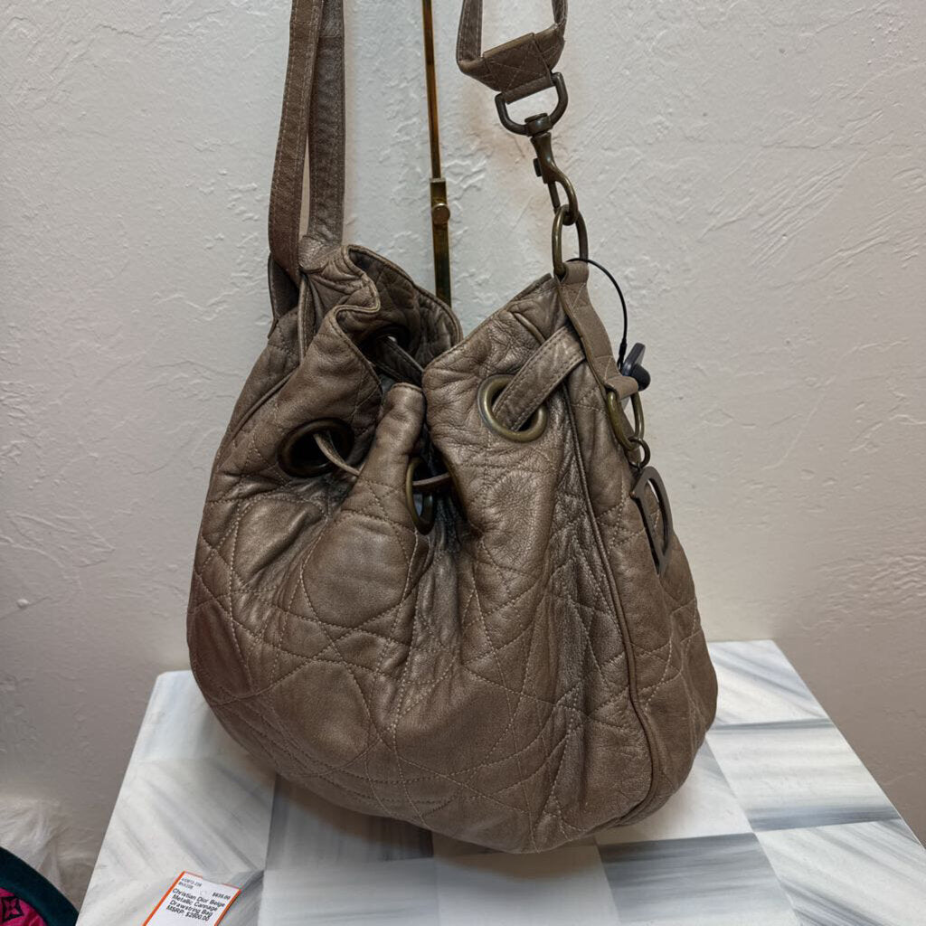 Beige Metallic Cannage Drawstring Bag