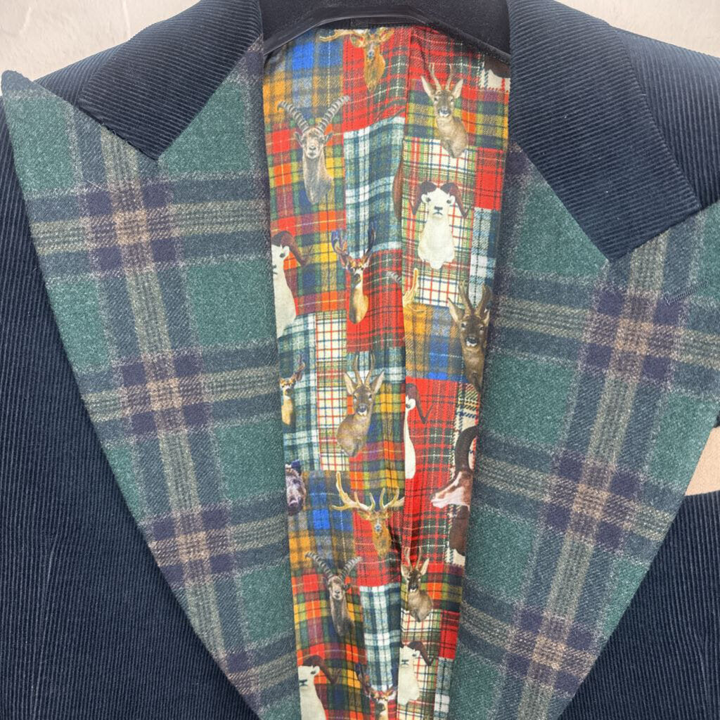 Custom Navy Wool Blazer Green Plaid Collar
