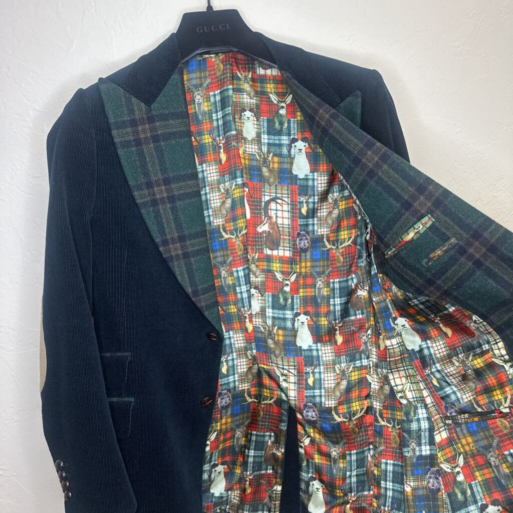 Custom Navy Wool Blazer Green Plaid Collar