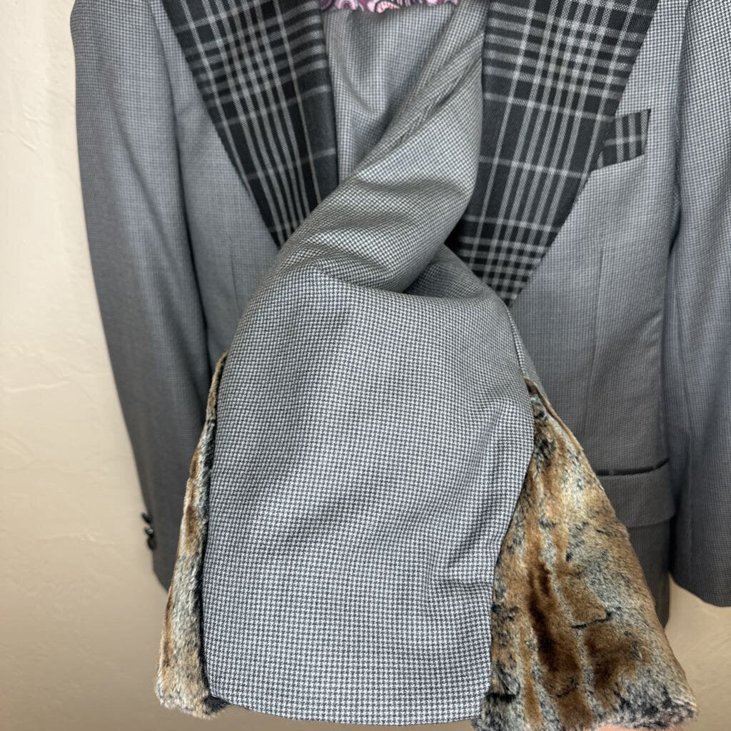 Custom Grey Houndstooth Suit Black Plaid Collar Fur Trim