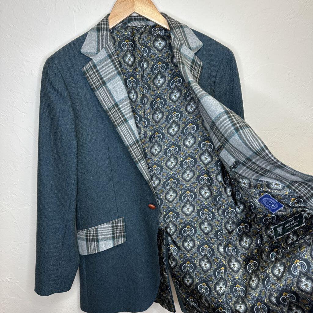 Custom Teal Blue Wool Blazer Plaid Collar