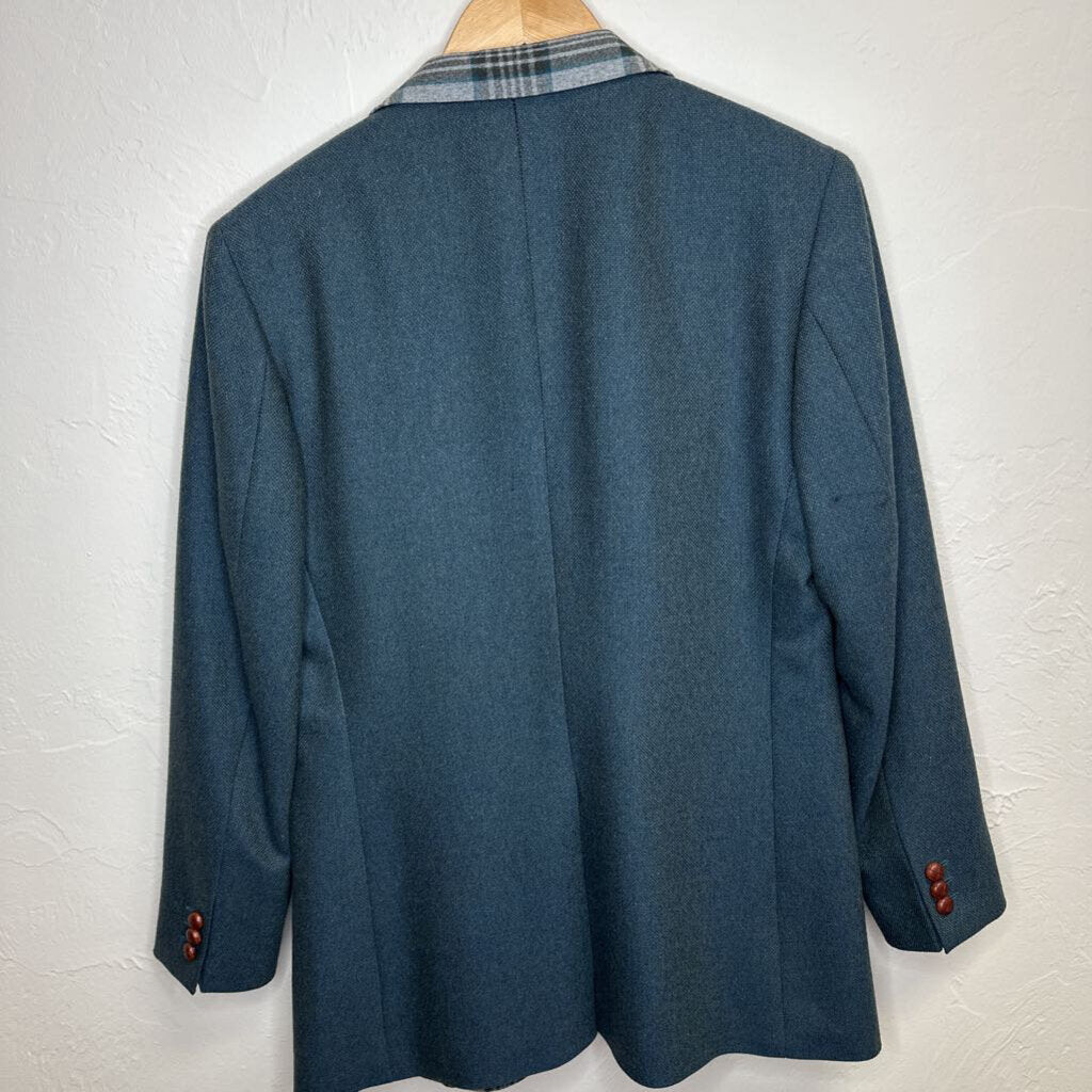 Custom Teal Blue Wool Blazer Plaid Collar