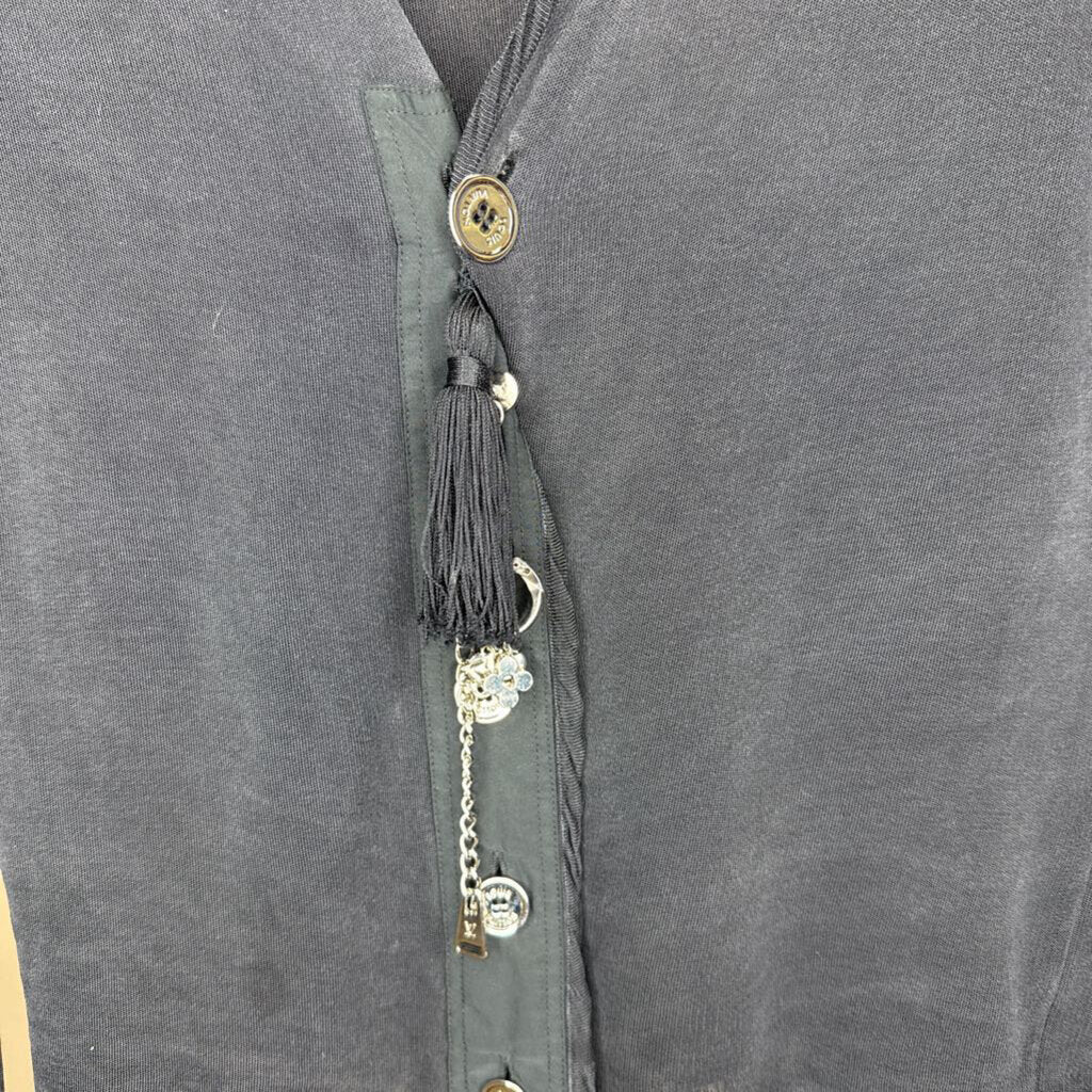 Black Cardigan with Grosgrain and Tassel Accent