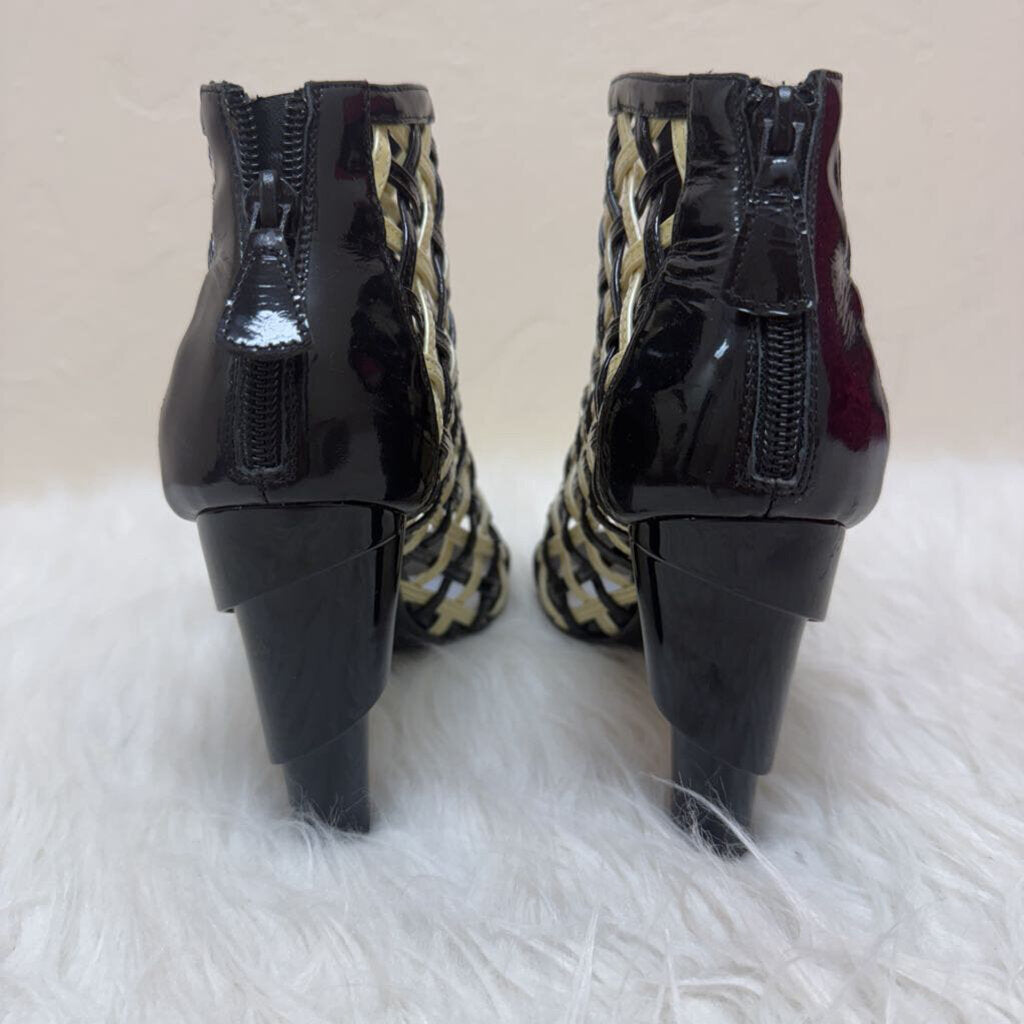 Black & White Patent Leather Open-Toe Cage heel