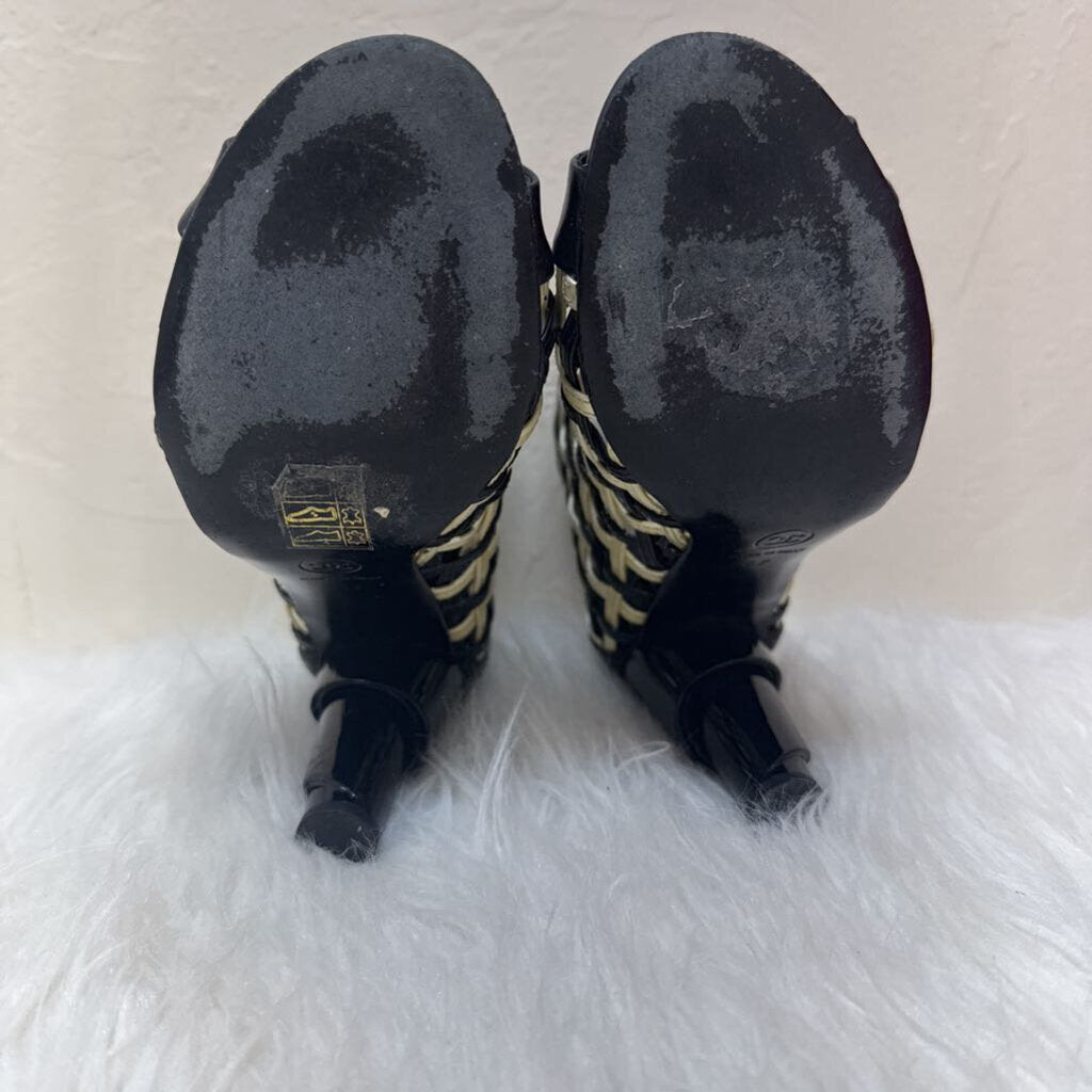 Black & White Patent Leather Open-Toe Cage heel