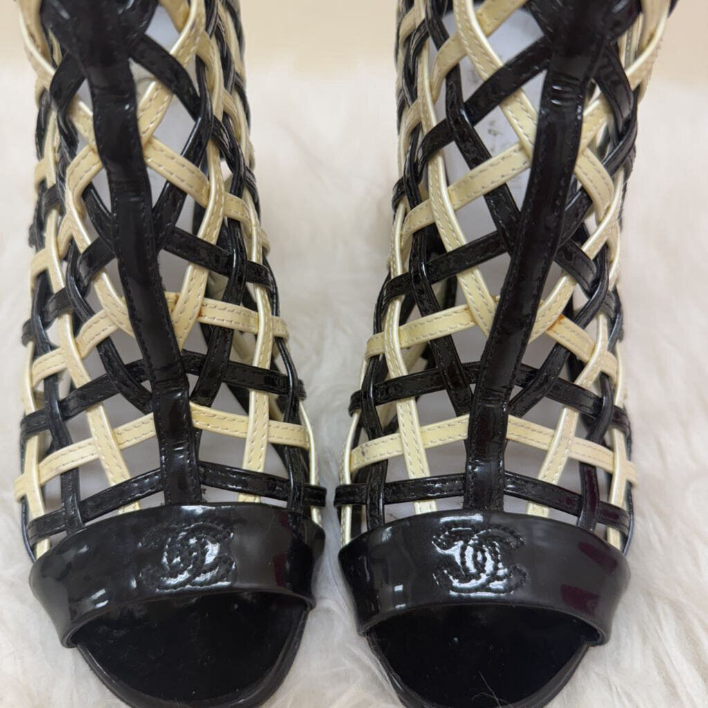 Black & White Patent Leather Open-Toe Cage heel