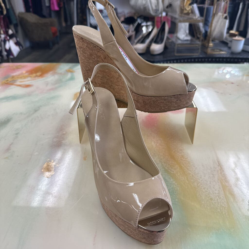 Nude Patent Leather Cork Wedge Heels