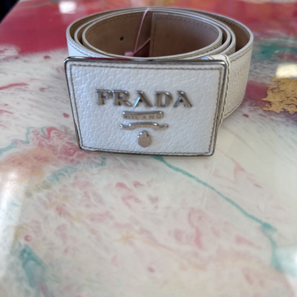 Ivory Saffiano Leather Logo Belt