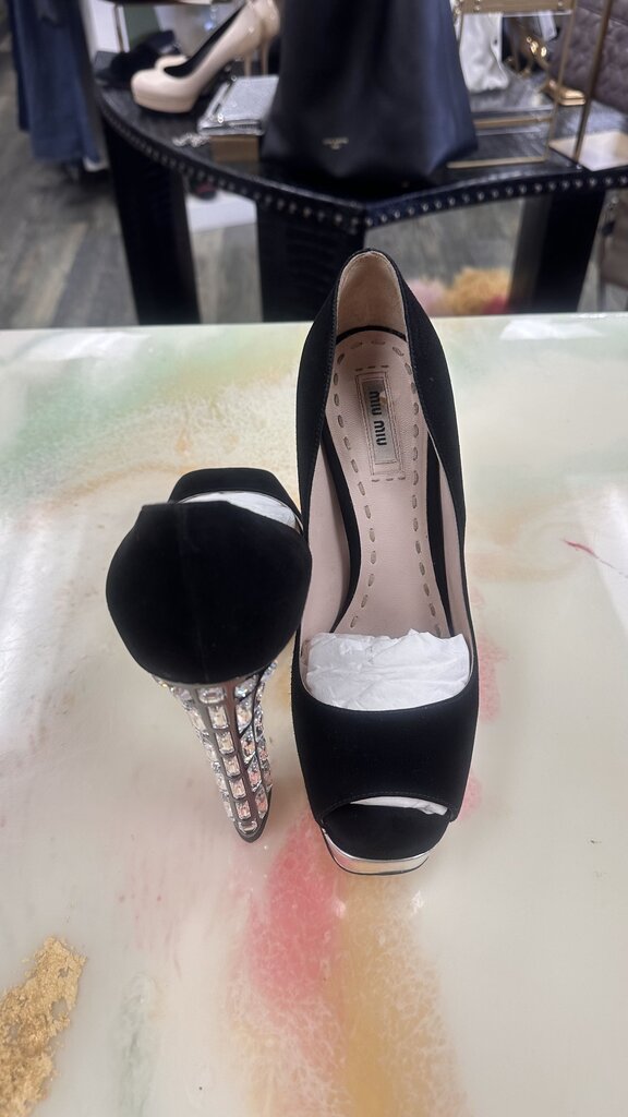 Black Suede Heels with Rhinestone Heel