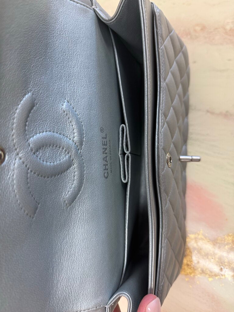 Silver Metallic Lambskin Double Flap Medium