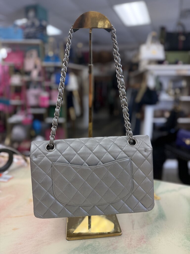 Silver Metallic Lambskin Double Flap Medium