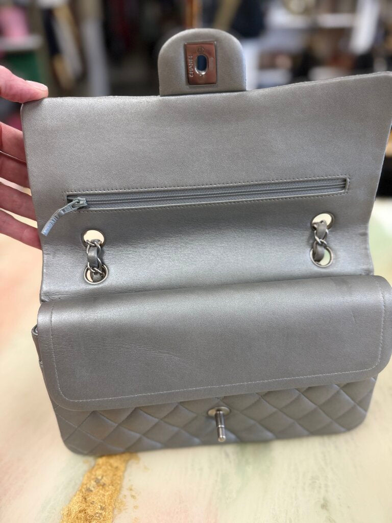 Silver Metallic Lambskin Double Flap Medium