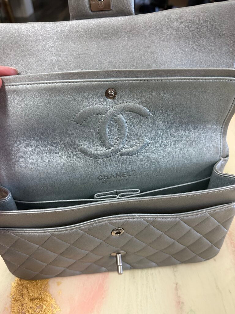 Silver Metallic Lambskin Double Flap Medium