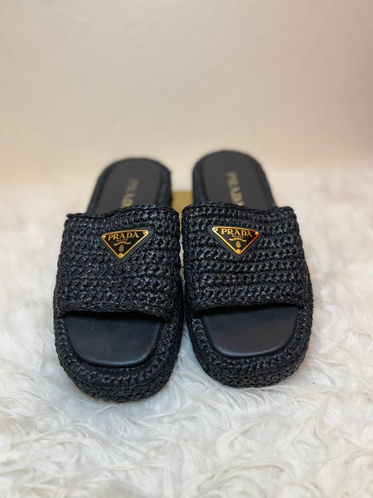 Black Crochet Platform Slides