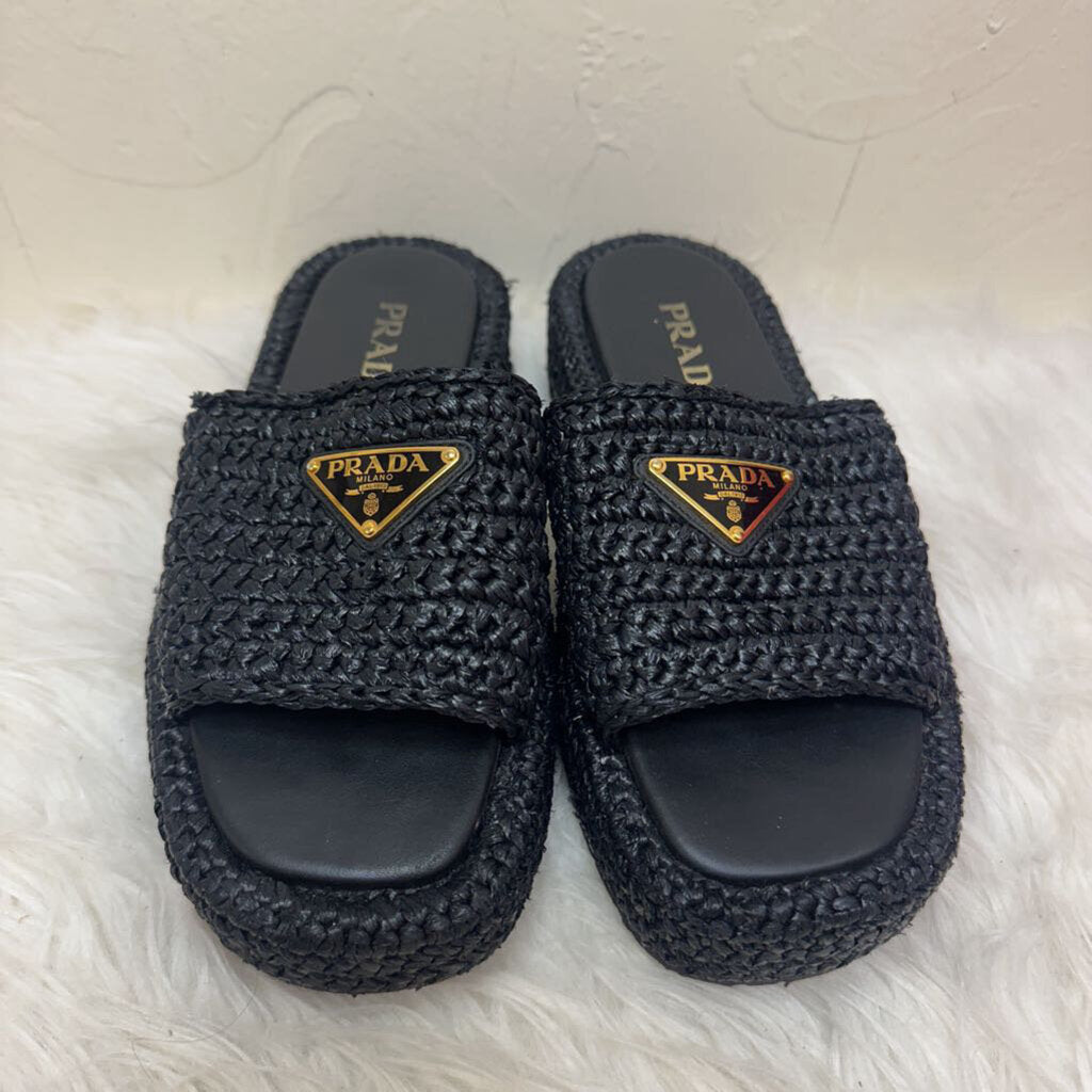 Black Crochet Platform Slides