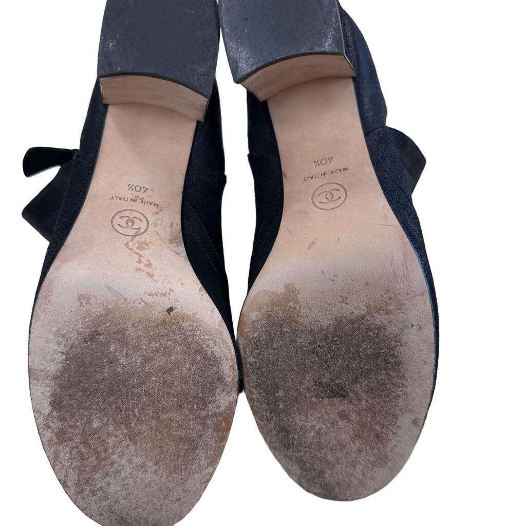 Black Suede Block Heel and Chain Accent