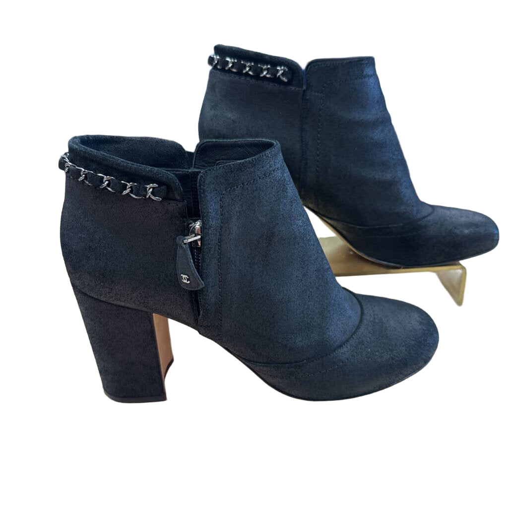 Black Suede Block Heel and Chain Accent