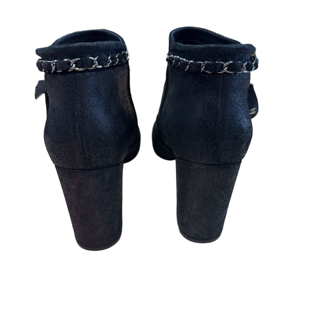 Black Suede Block Heel and Chain Accent