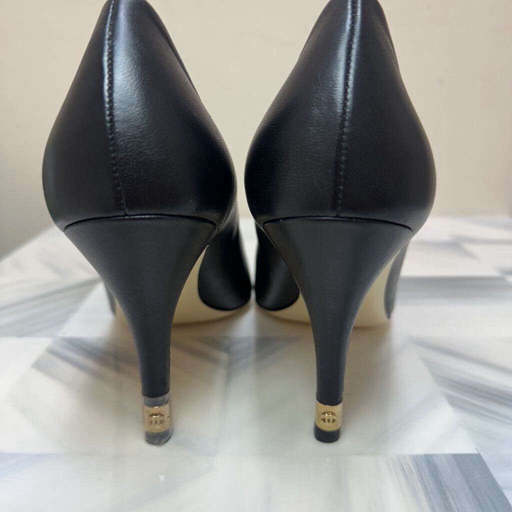 Black Lambskin Cap Toe Pumps Gold Tipped Heels