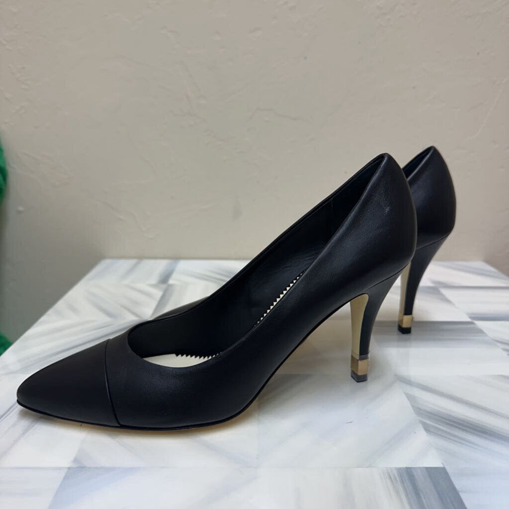 Black Lambskin Cap Toe Pumps Gold Tipped Heels
