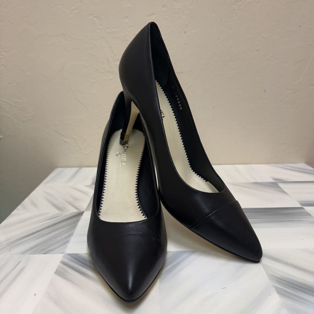 Black Lambskin Cap Toe Pumps Gold Tipped Heels