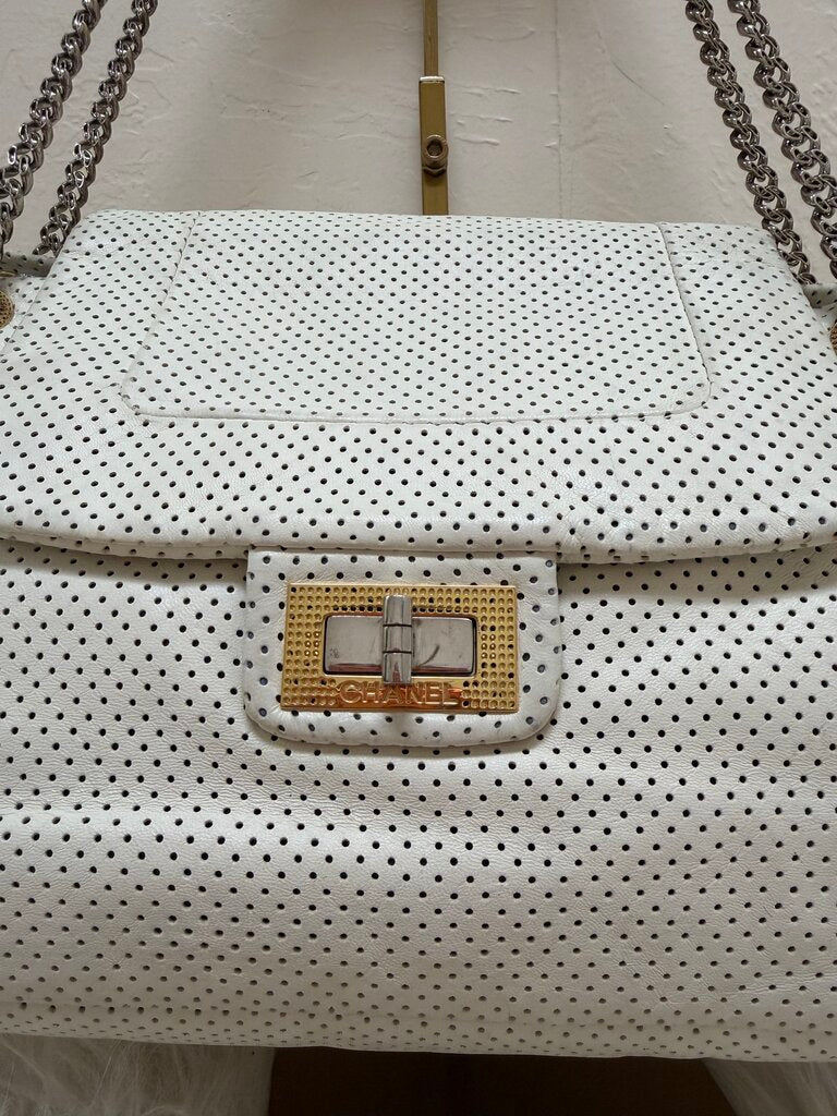 White Perforated Leather Drill Accordian Flap Bag