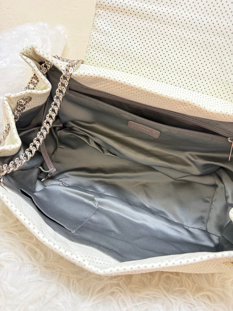 White Perforated Leather Drill Accordian Flap Bag