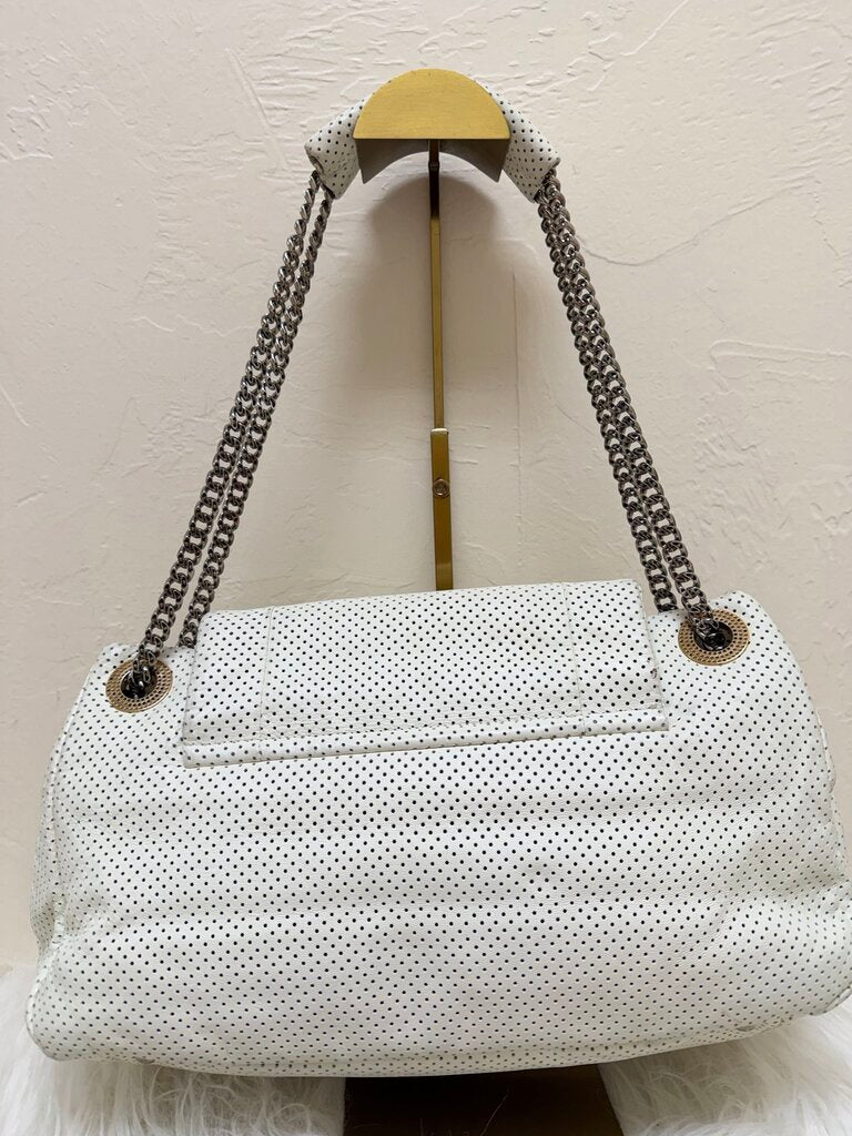 White Perforated Leather Drill Accordian Flap Bag