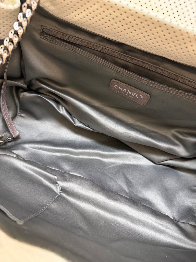 White Perforated Leather Drill Accordian Flap Bag