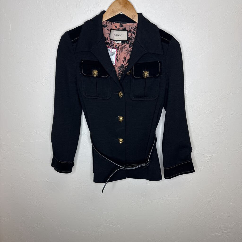 Blazer with Suede Accent & Feline Head Buttons
