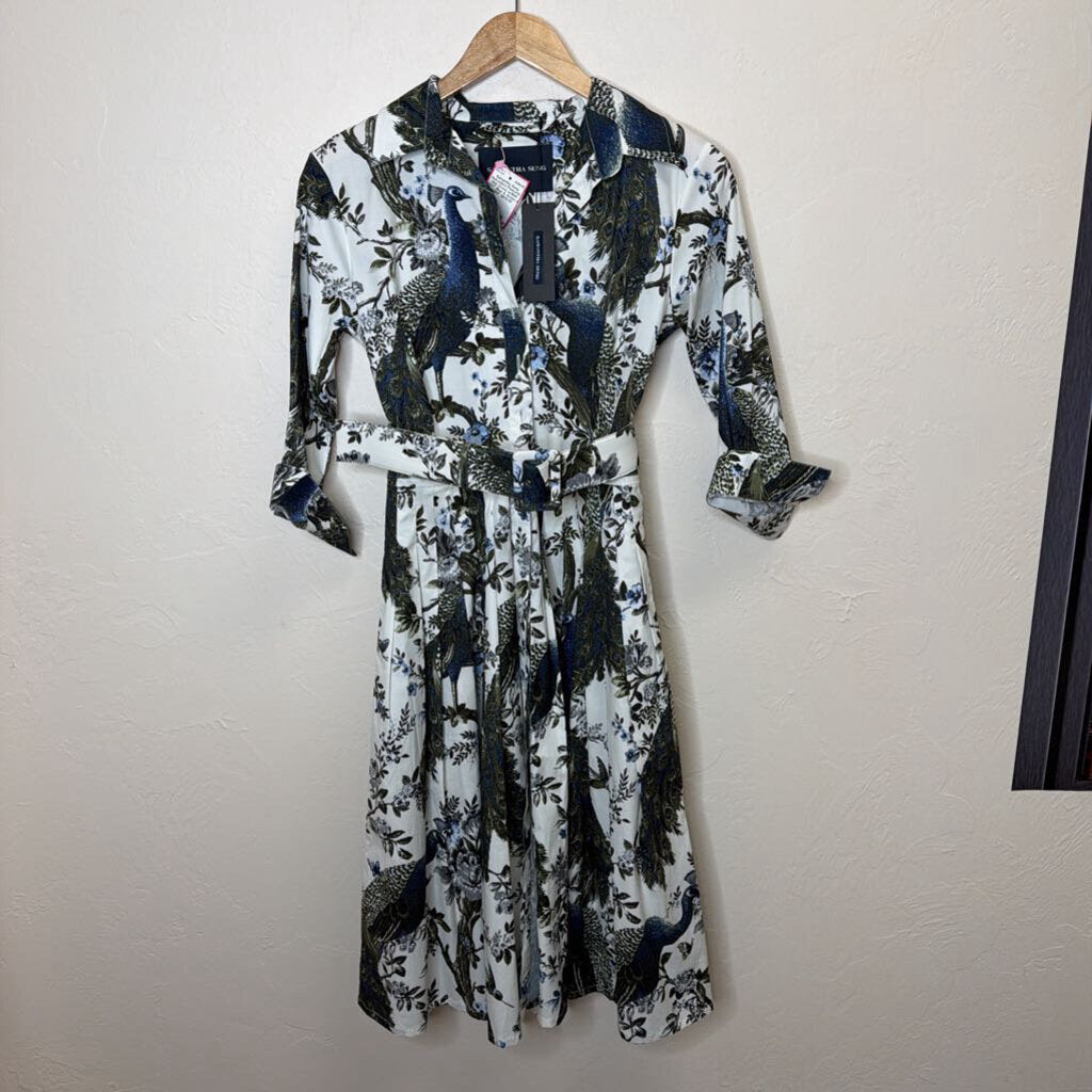 Belvedere Peacock Midi Dress w/Belt NWT