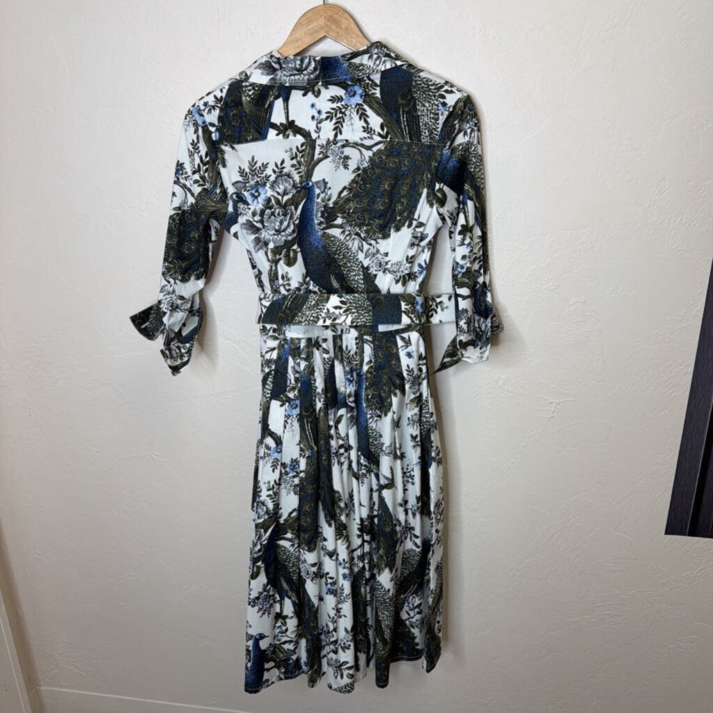 Belvedere Peacock Midi Dress w/Belt NWT