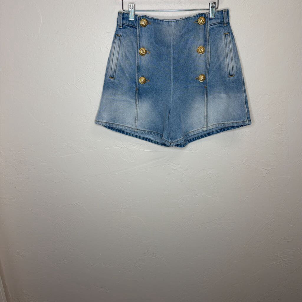 High-Rise Denim Shorts w/ Gold Embossed Buttons