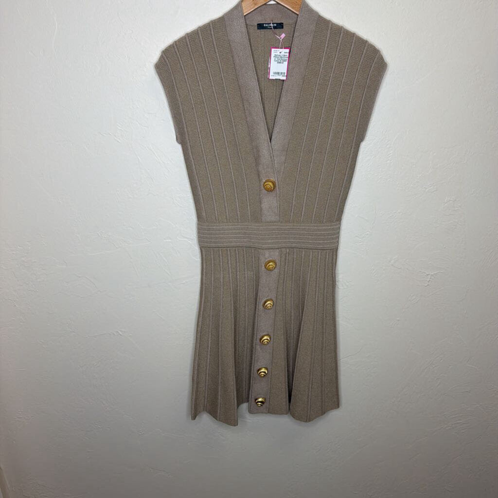 V-Neck Ribbed Mini-Dress w/ Gold Buttons