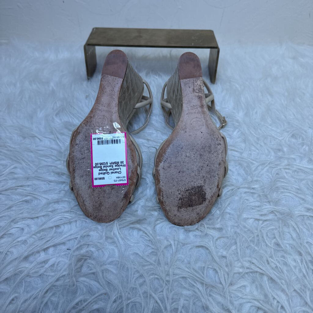 Quilted Leather Beige Wedge Sandal