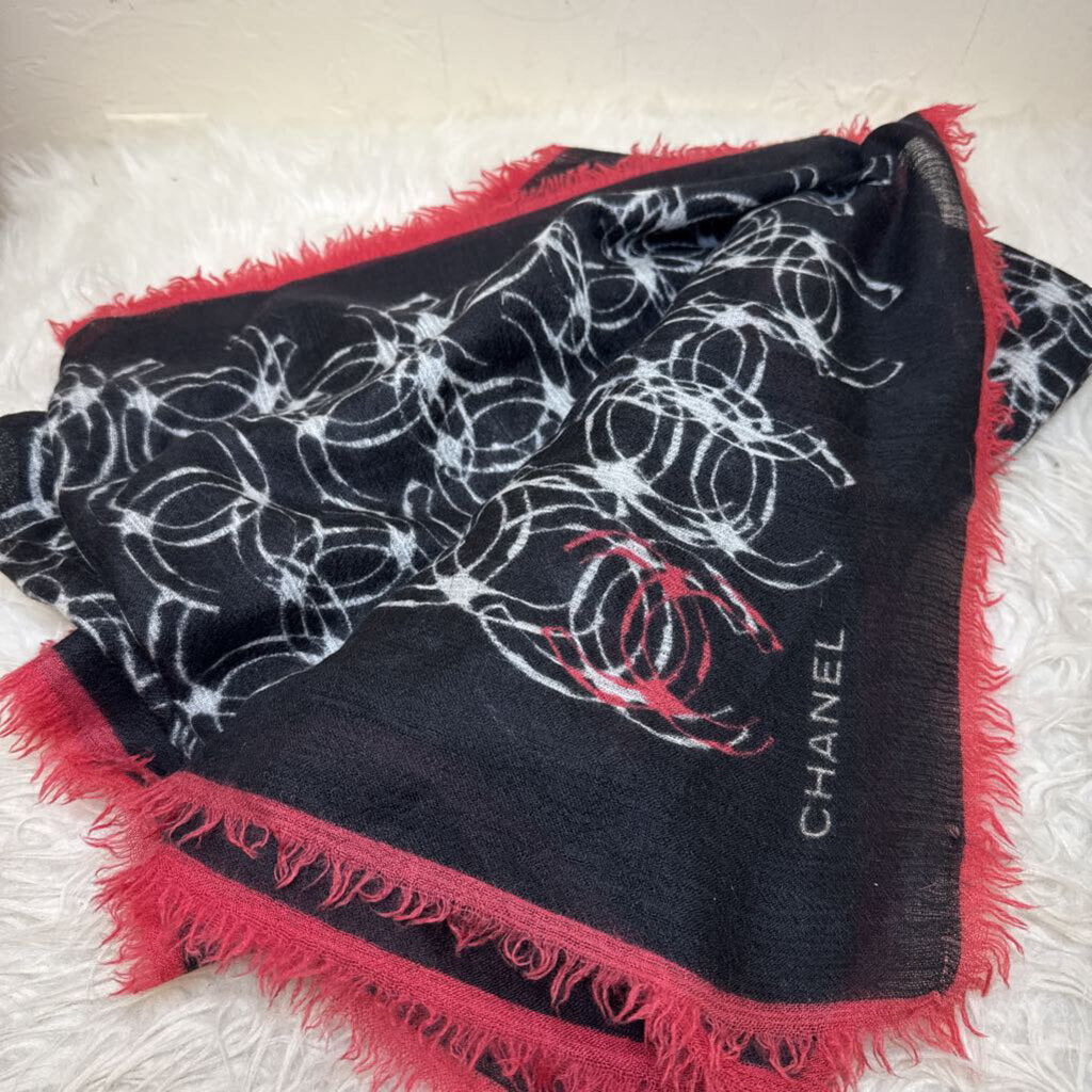 Oversized Scarf w/ Black & White Logo and Red Fringe