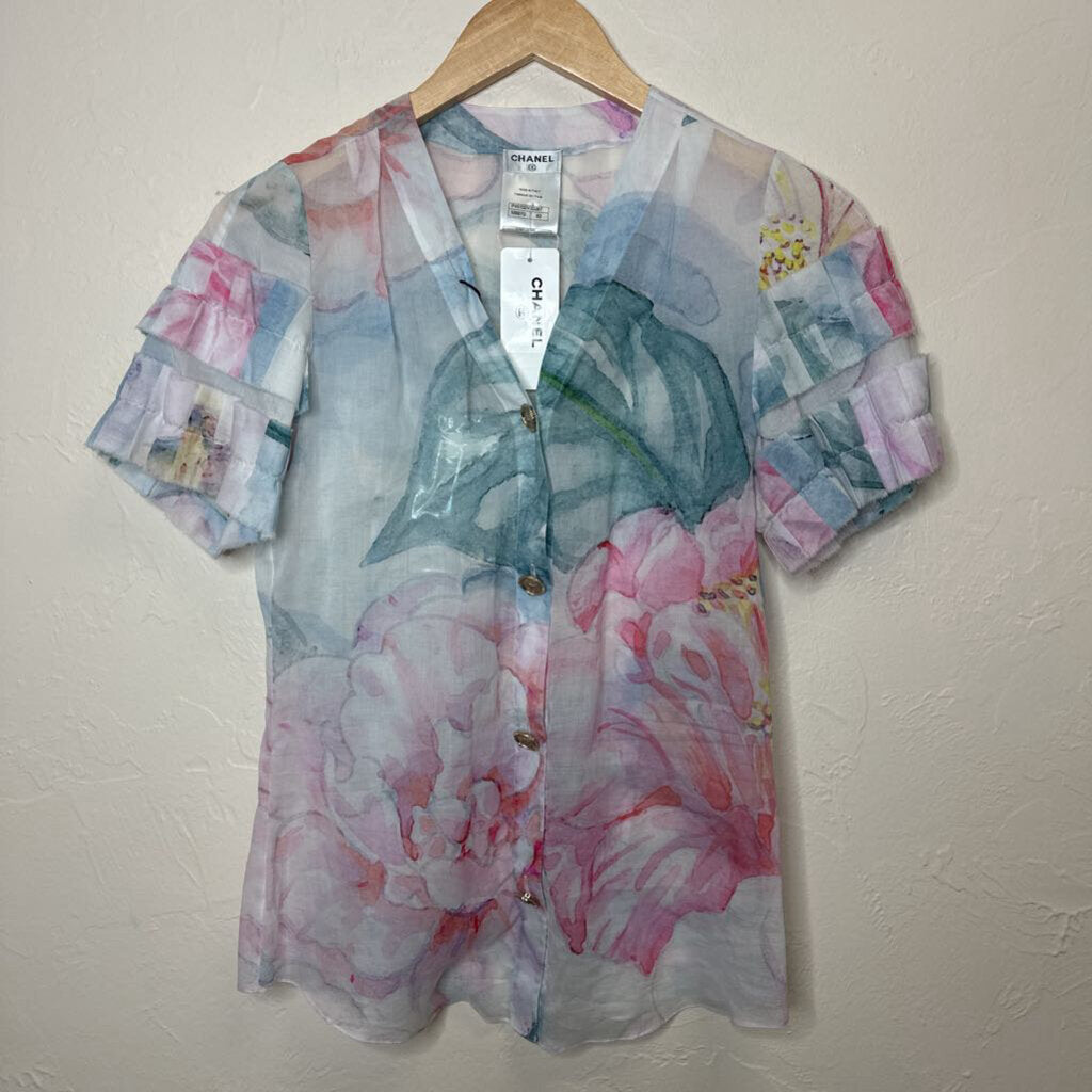 Floral SS Ruffle Cotton Blouse