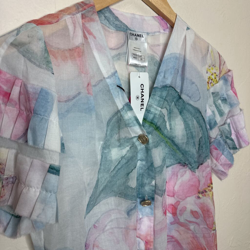 Floral SS Ruffle Cotton Blouse