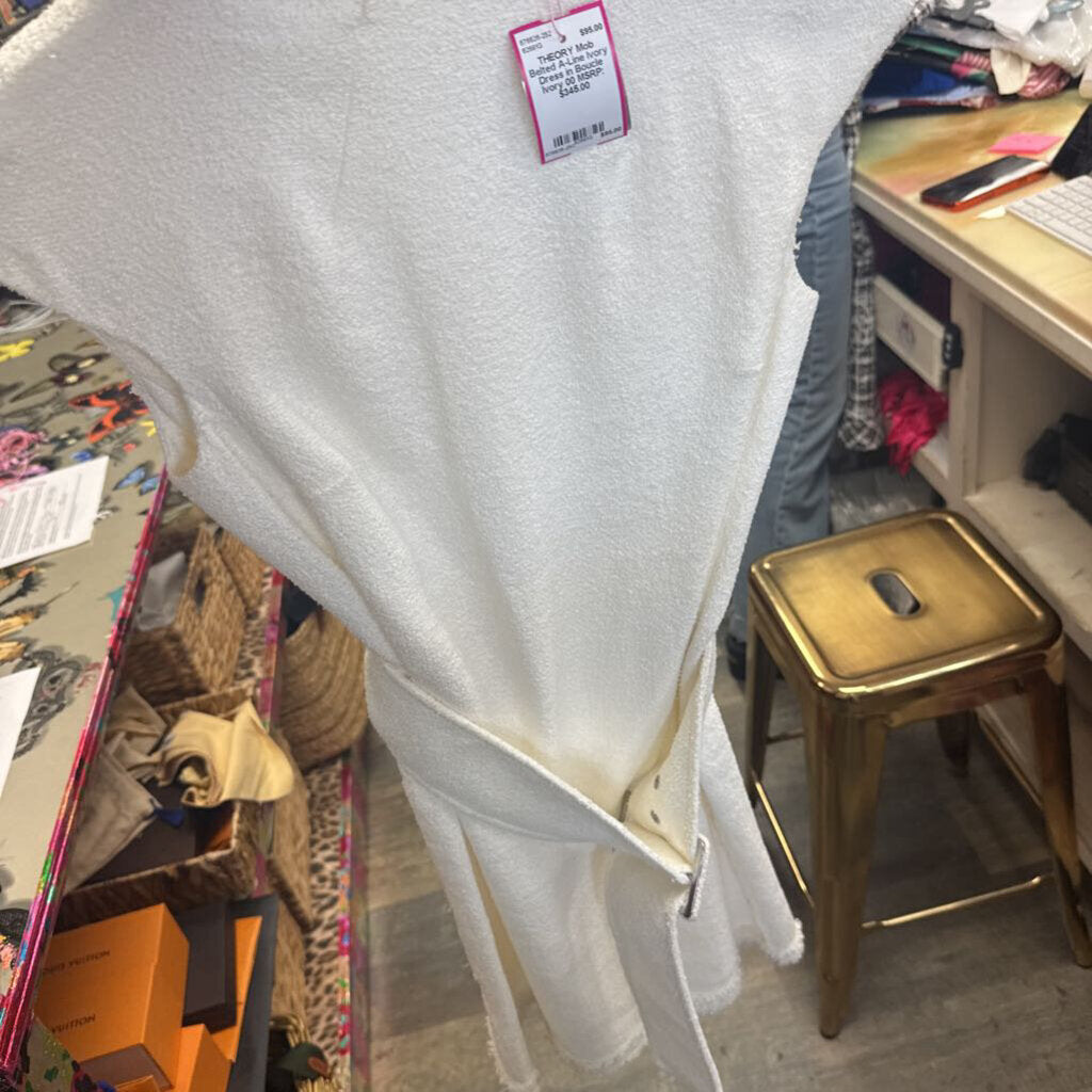 Mob Belted A-Line Ivory Dress in Boucle